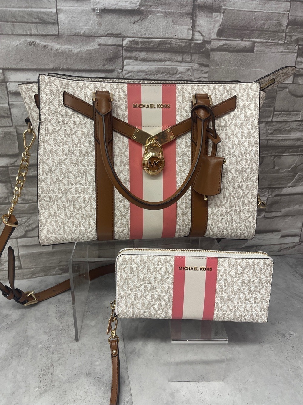 Michael Kors Nouveau Hamilton Pink & White Center Stripe Logo Bag & Wallet